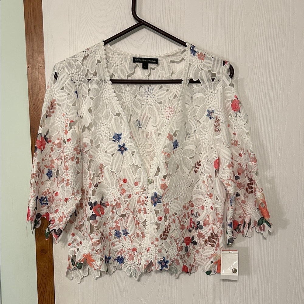 Chris McLaughlin Elegant White Lace Blouse with Floral Accents Size Large